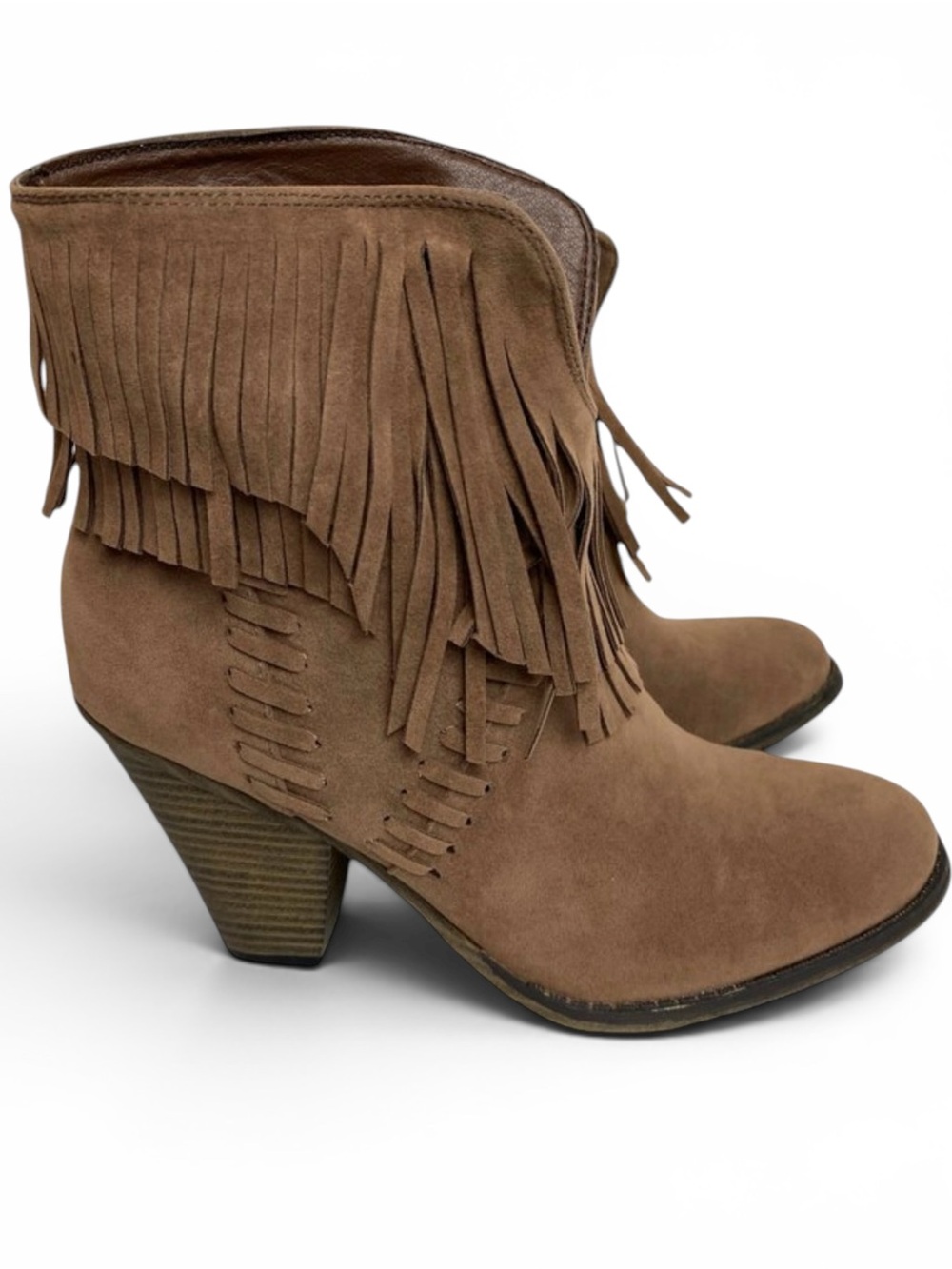 Brown Fringe Ankle Booties Western Boho Faux Suede Heeled Boots 7.5
